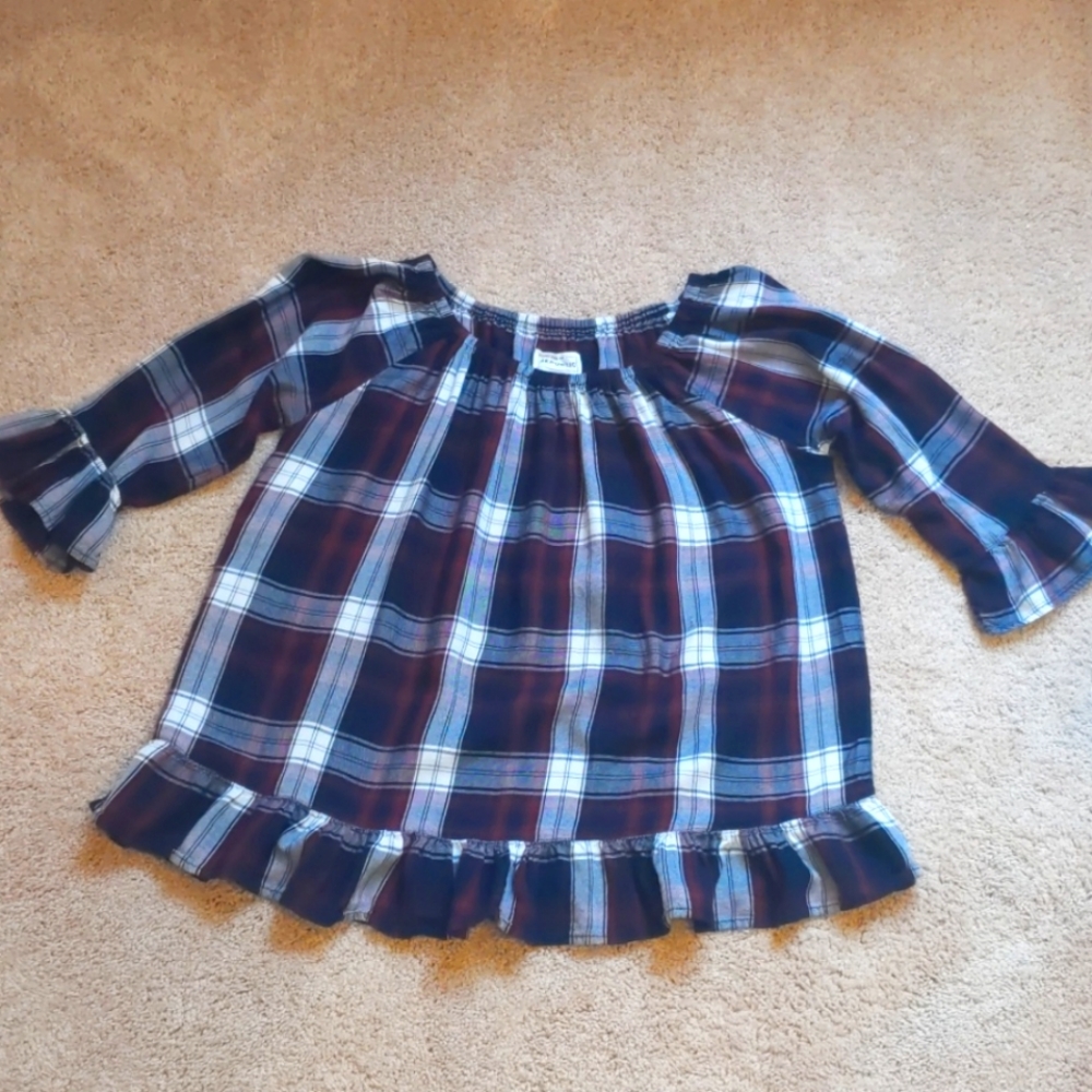 Burgundy blue plaid shirt with ruffle